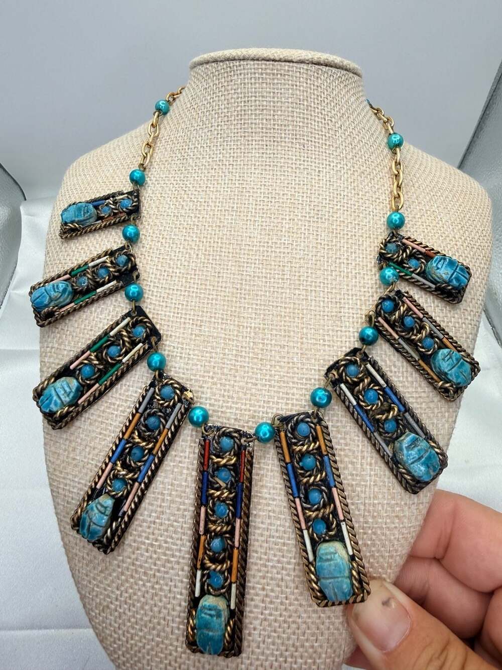 Vintage Egyptian Revival Scarab Statement Necklace 16 Inch